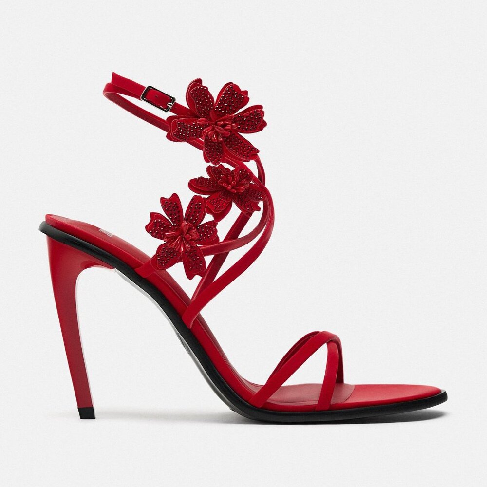 Brand New Zara Red Leather Floral High Heel Sandals